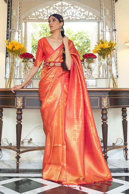 Bright Orange Woven Brocade Kanjivaram Saree with Peacock Border