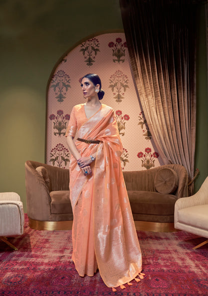 Pastel Orange Banarasi Linen Silk Saree For Pretty You