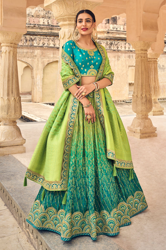 Gotta Embroidered Crushed Silk Lahenga with Teal Blouse and Green Dupatta