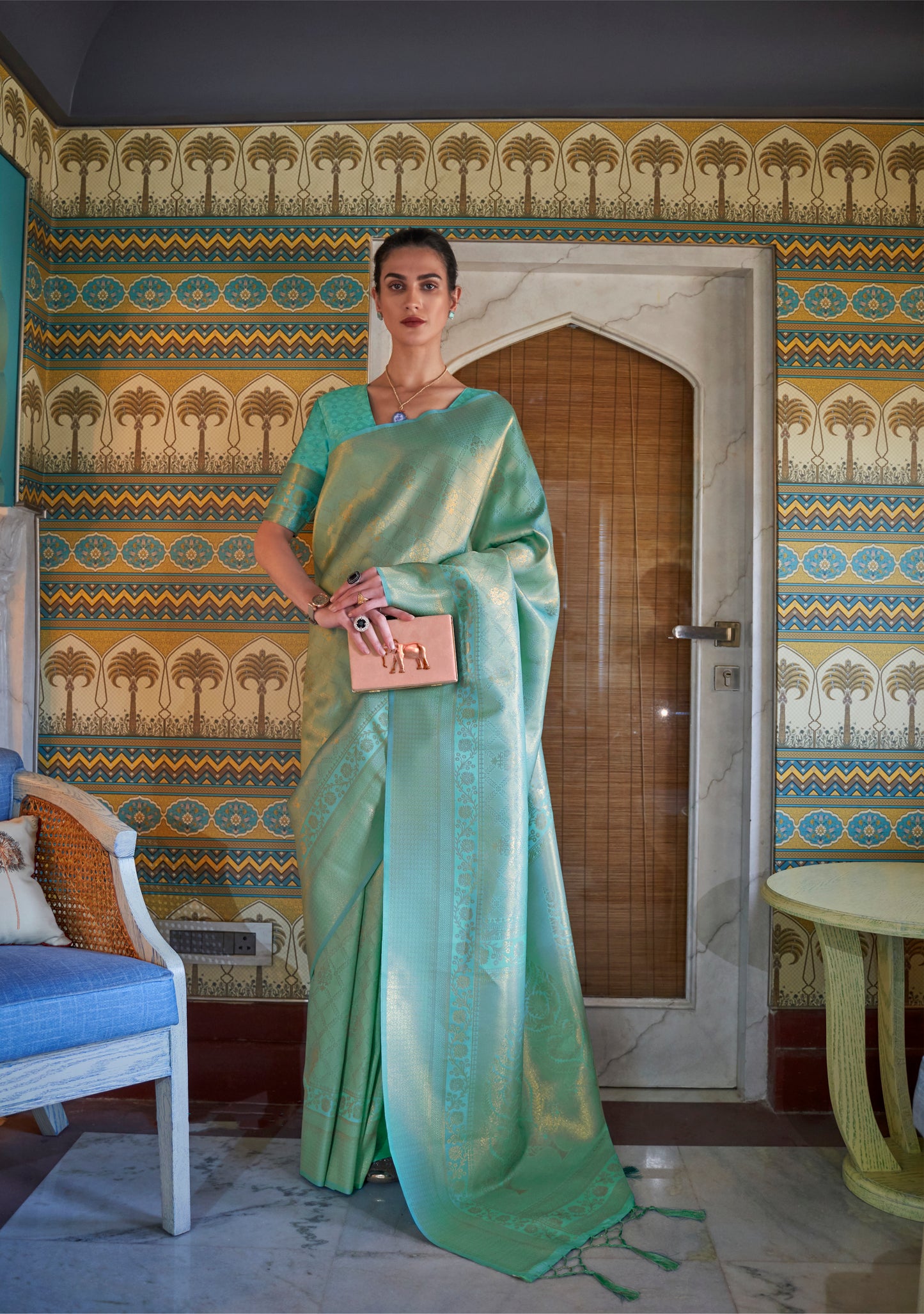 Granite Green Kanjivaram Silk Saree with Antique Finish & Glossy Texture