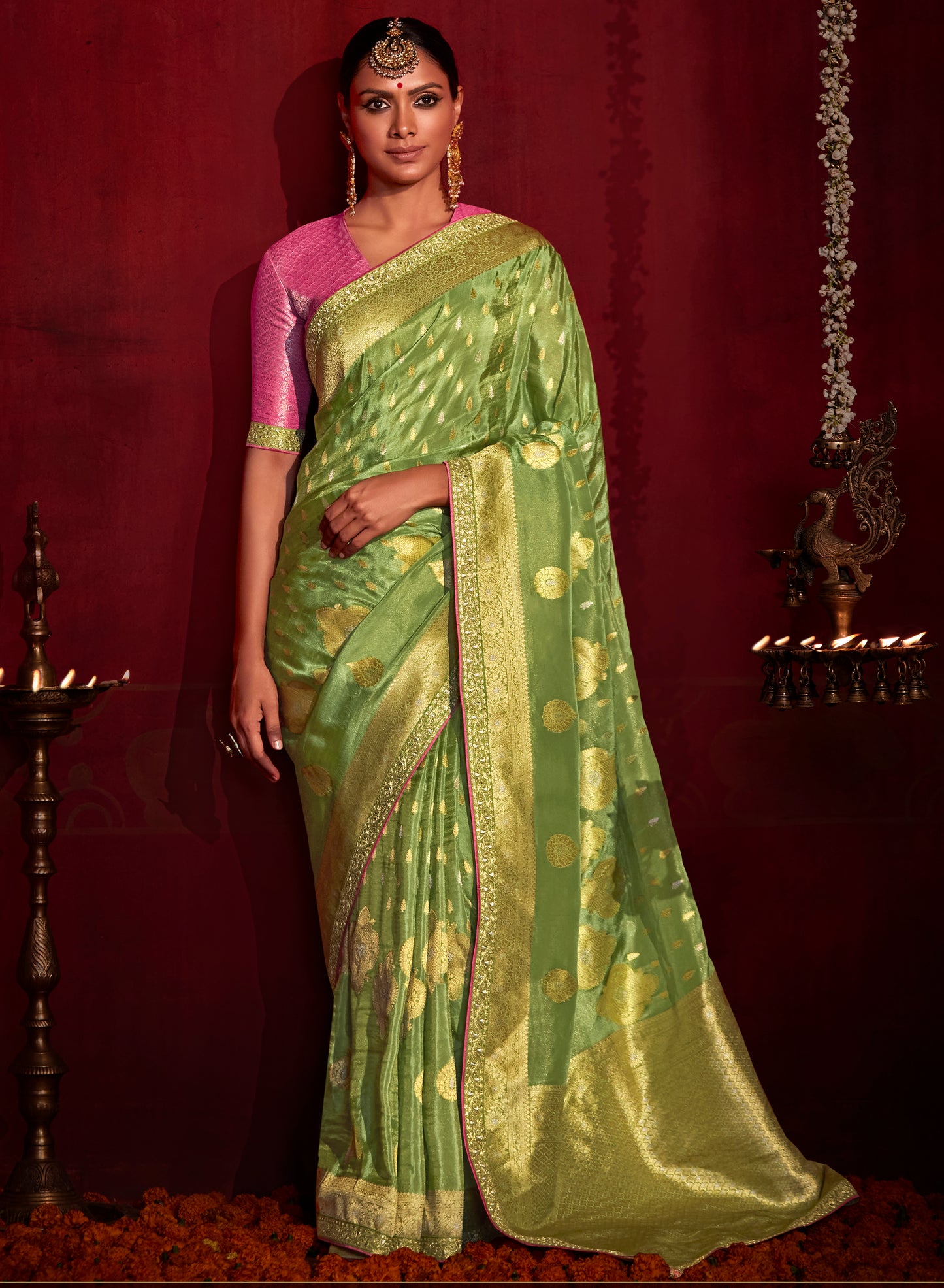 Pista Green Banarasi Ektara Silk Saree with Baby Pink Blouse