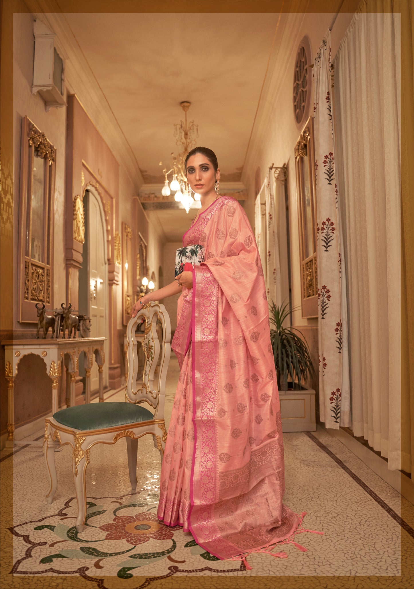 Peach with Pink Soft Tussar Silk Saree with Copper Zari Butti