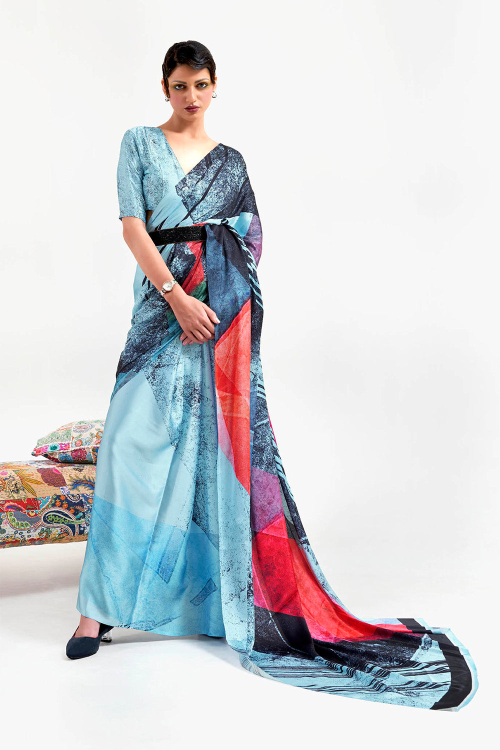 Light Blue with Black  Designer Pure Satin Silk Saree with Blouse