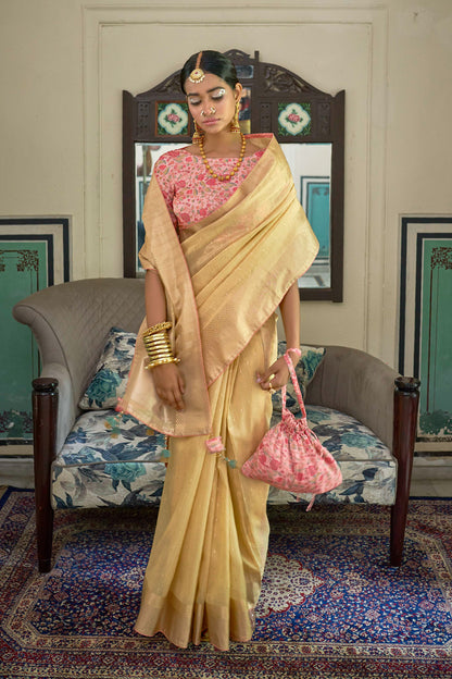 Banana Yellow Soft Organza Saree with Printed Floral Blouse