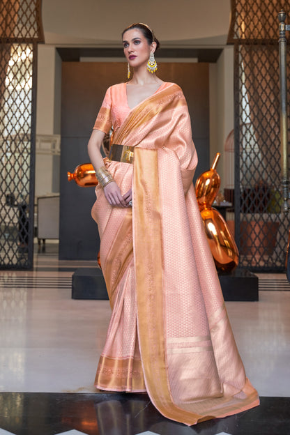 Goldfish Peach Kanjivaram Silk Saree with Antique Finish & Glossy Texture