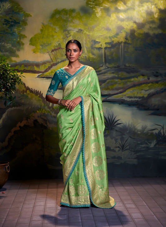 Bright Green Woven Banarasi Saree with Firozi Blue Blouse
