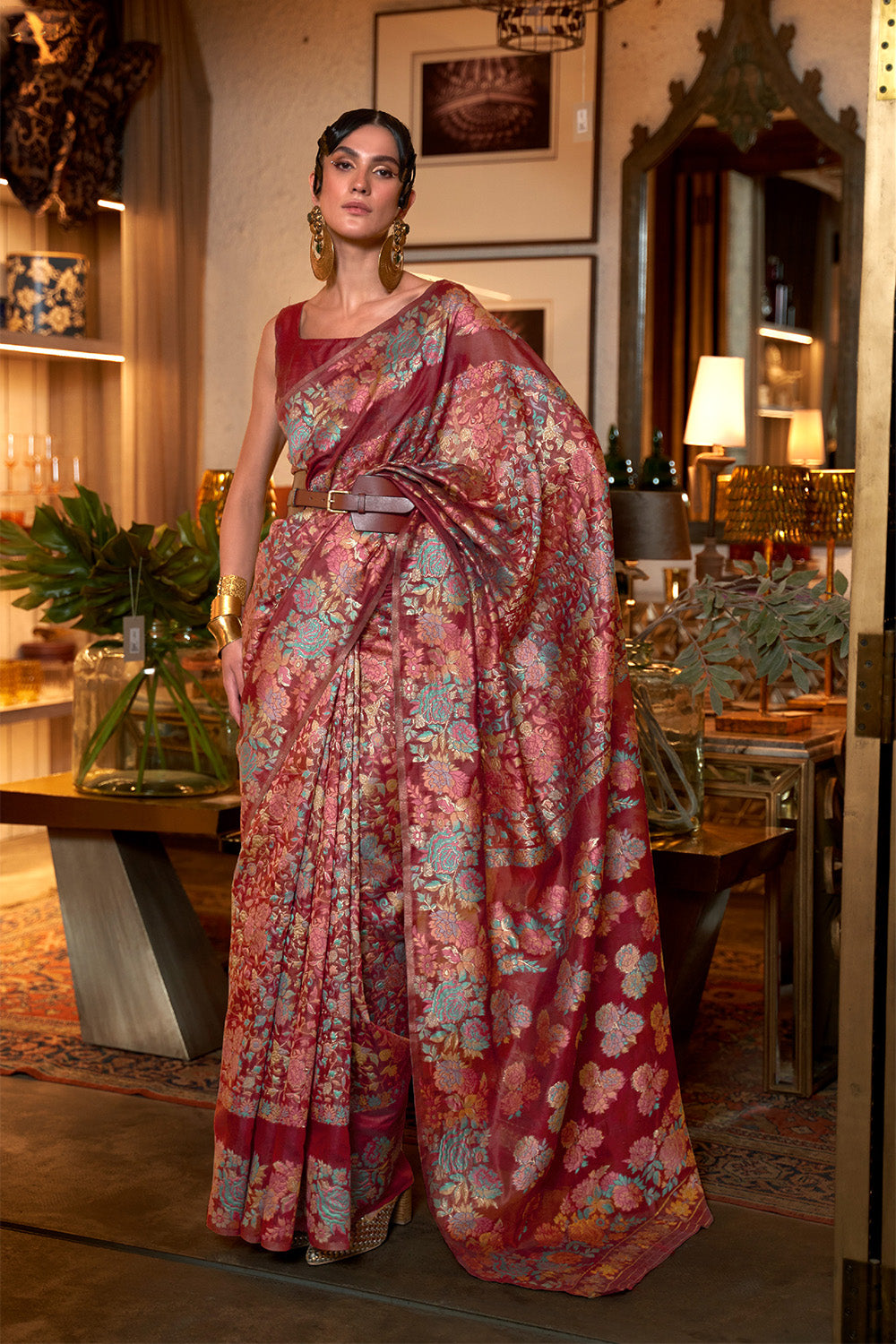 Garnet Red Woven Designer Kani Saree with Floral Weaving in Pallu and Border in Pure Modal Silk