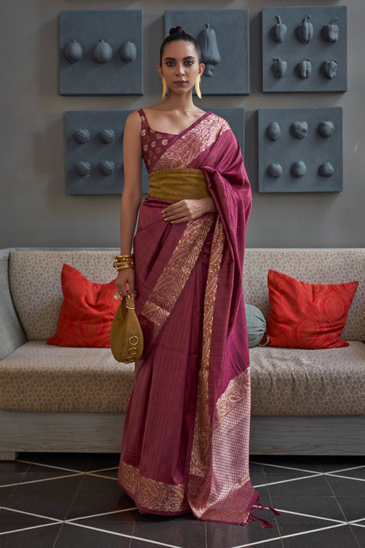 Merlot Bronze Latest Designer Tussar Silk Saree Blouse for Women