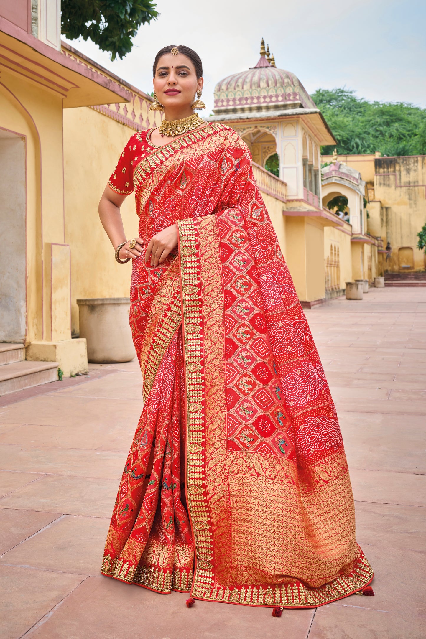 Strawberry Red Bandhani Style Soft Dola Silk Saree with Red Blouse