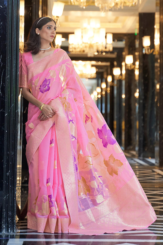 Carnation Pink  Zari Woven Floral Pallu Linen Saree.