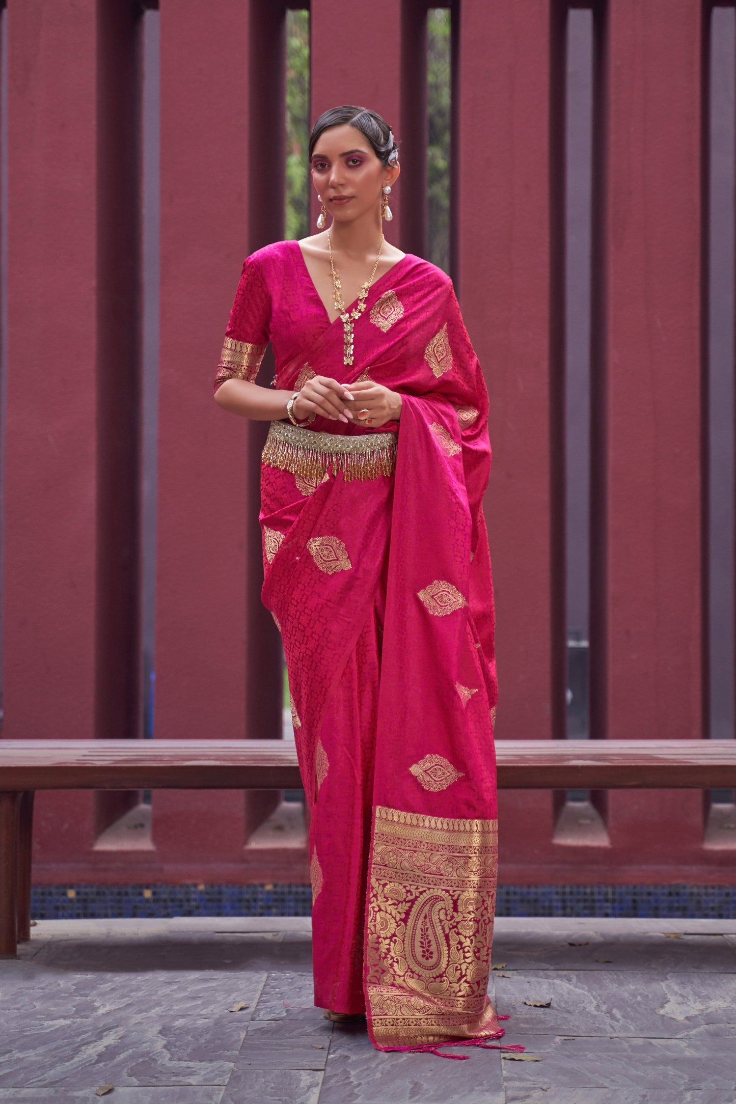 Dark Pink Woven Style Kanjivaram Silk Saree with Woven Design