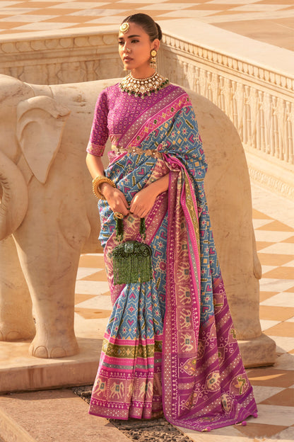 Denim Blue Woven Patola Designer Saree with Elephant Border