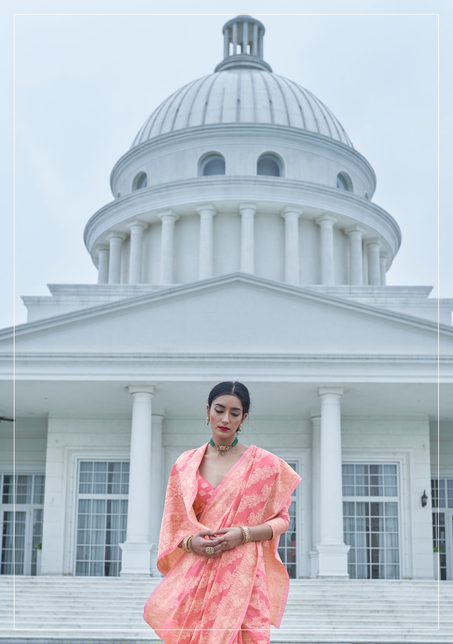 French Pink Woven Chikankari Saree with Intricate Design