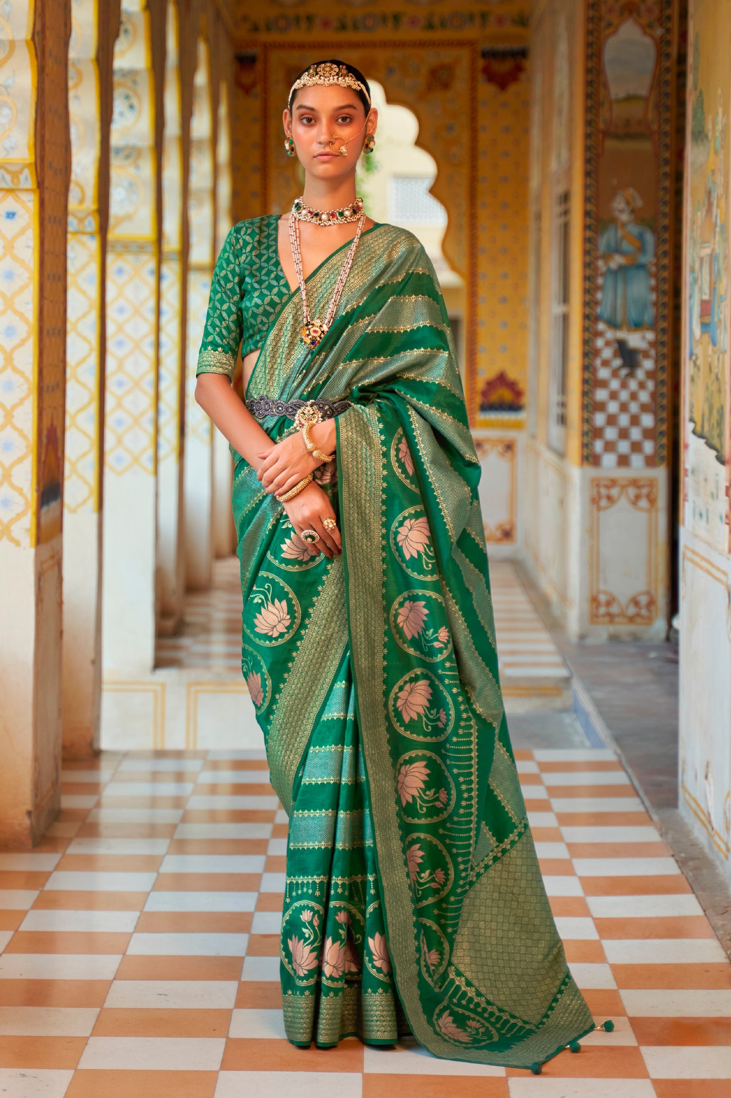 Spring Green Banarasi Silk Saree with Designer Blouse for Women