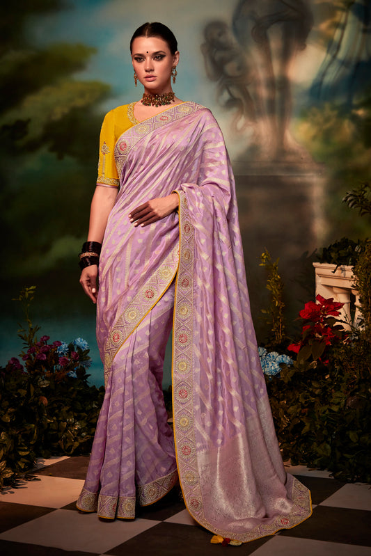 Purplish Pink Feather Light Organza Saree with Designer Blouse