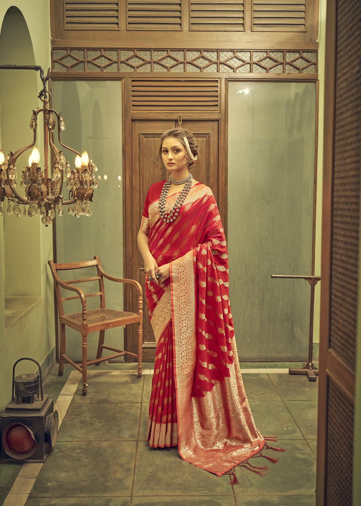 Bridal Red Soft Banarasi Saree with Lehariya Style Zari Weaving