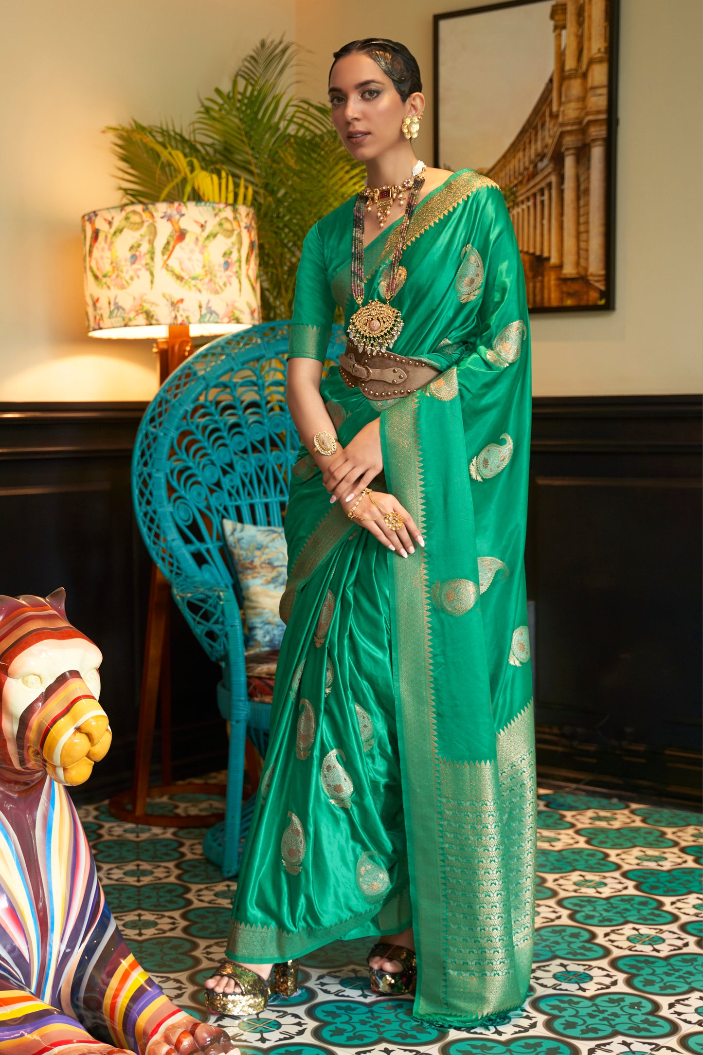 Persian Green Pure Satin Two Tone Weaving Silk Saree For Wedding