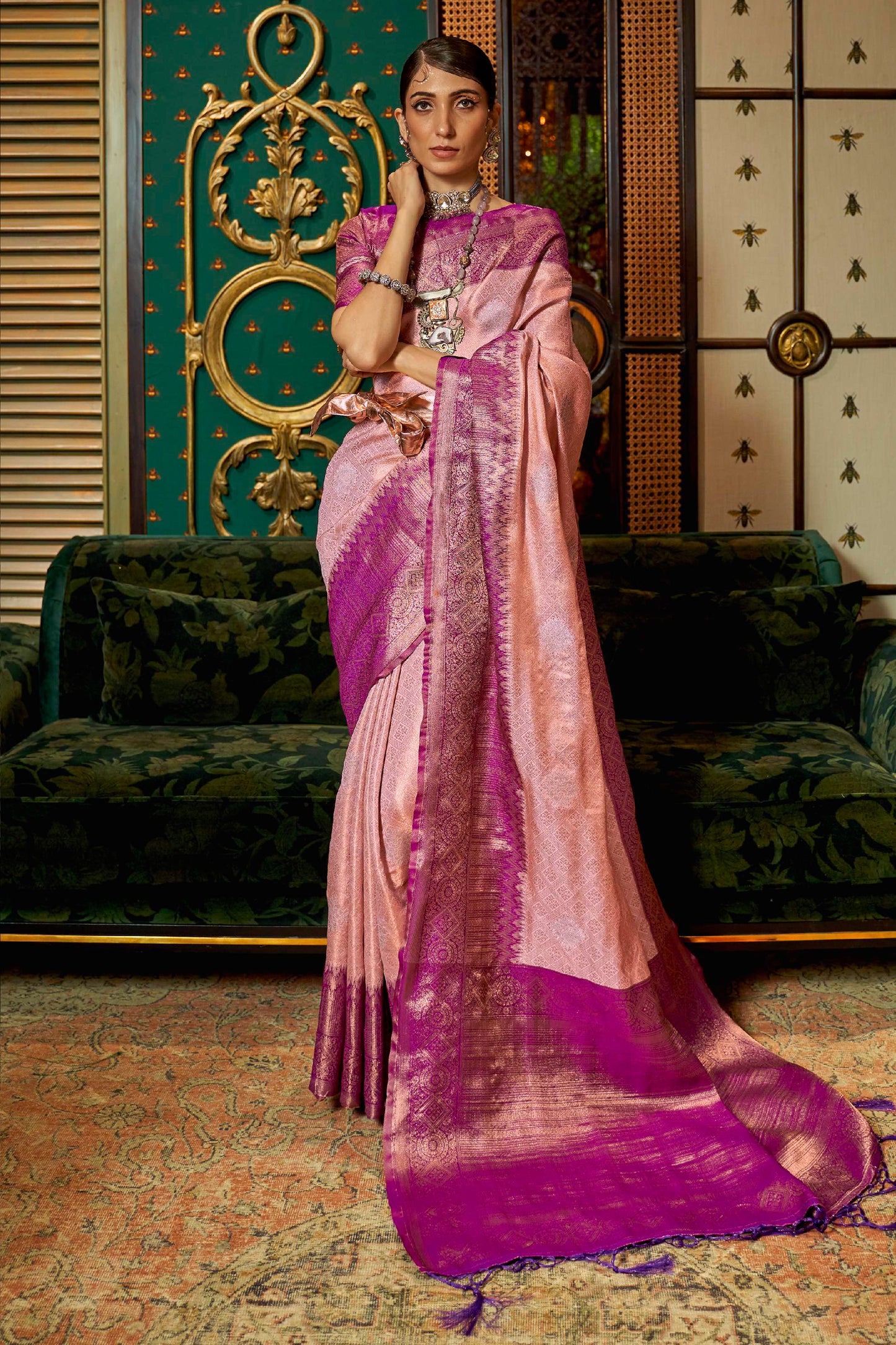 Light Pink Shimmer Silk Kanjivaram Style Saree with Purple Border