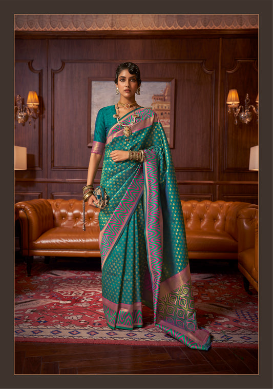 Teal Blue Banarasi Silk Saree with Designer Blouse for Women