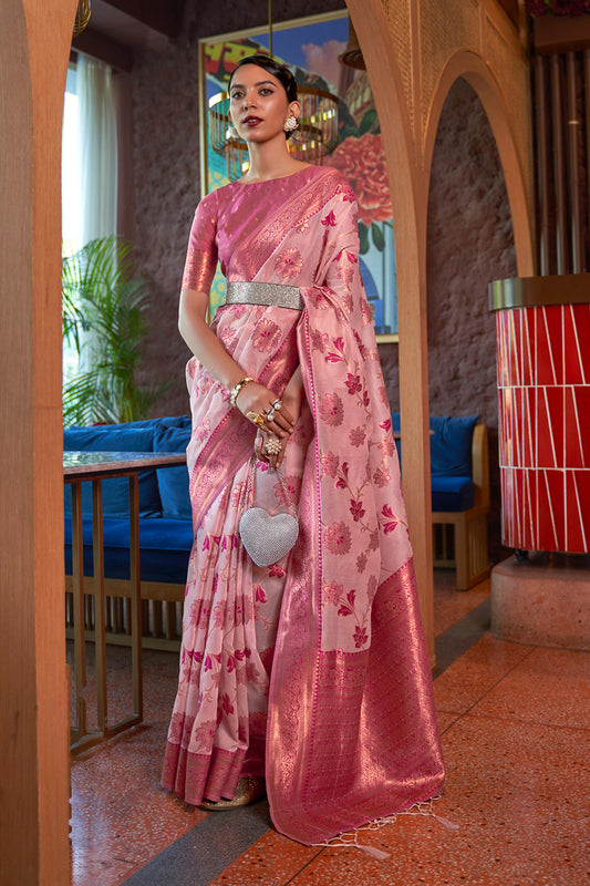 Watermelon Pink Copper Zari Woven Floral Soft Organza Saree