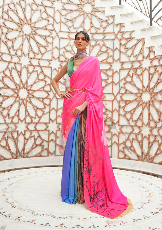 Shocking Pink with Multi Printed Designer Silk Saree with Blouse