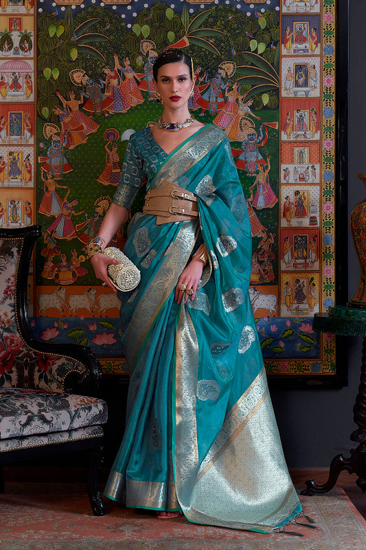 Prussian Blue  Soft Organza Silk Zari Woven Soft Silk Saree