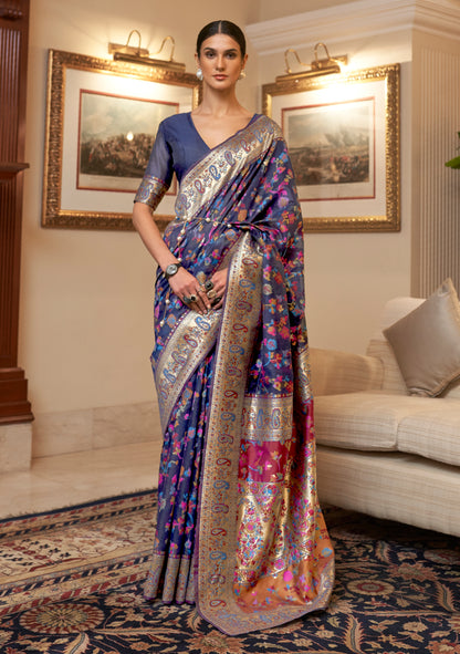Navy Blue Kashmiri Handloom Modal Silk Woven Kani Saree for Weddings