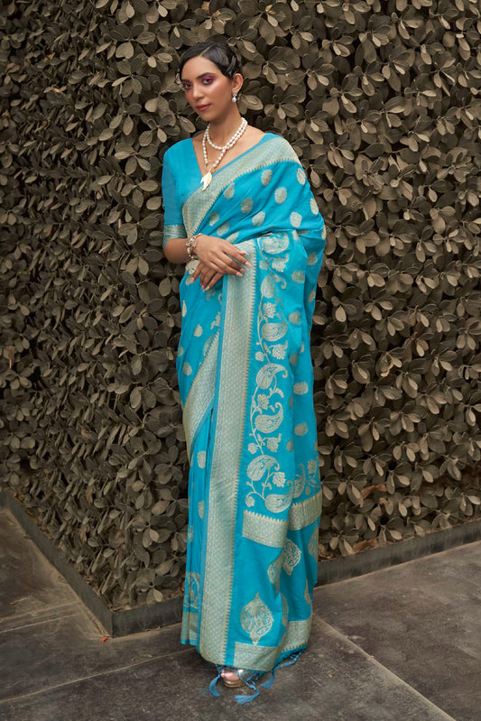 Bright Sky Blue Banarasi Zari Woven Soft Silk Saree