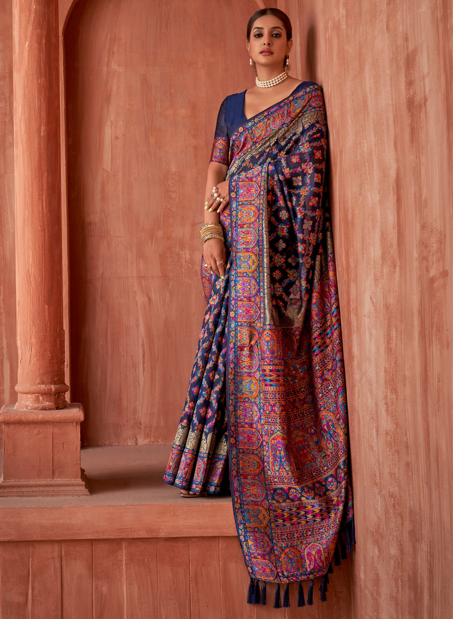 Navy Blue Multi-color Kashmiri Pashmina Inspired Silk Saree For Wedding Reception