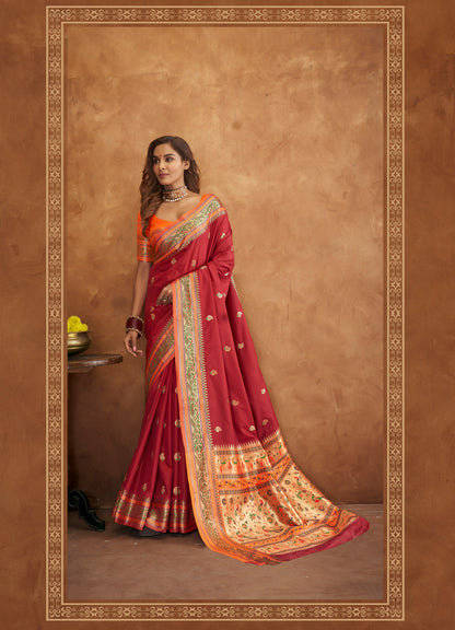 Mehrun Red Woven Paithani Soft Silk Saree for Weddings