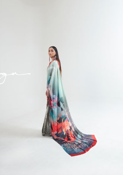 Grey Blue Abstract 3D Printed Pure Satin Silk Saree for Weddings