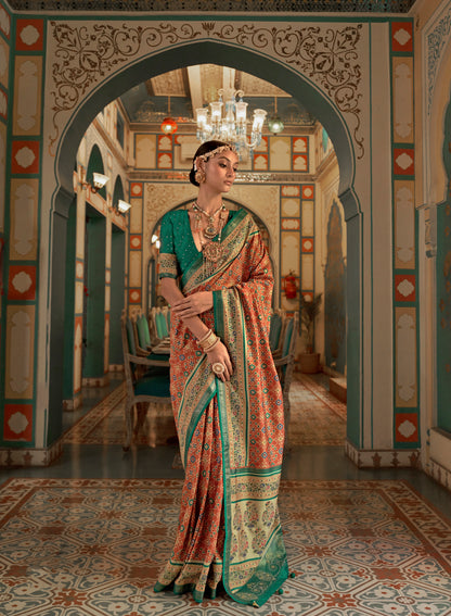Exclusive Coral Green Patola Silk Weaving Saree for Wedding