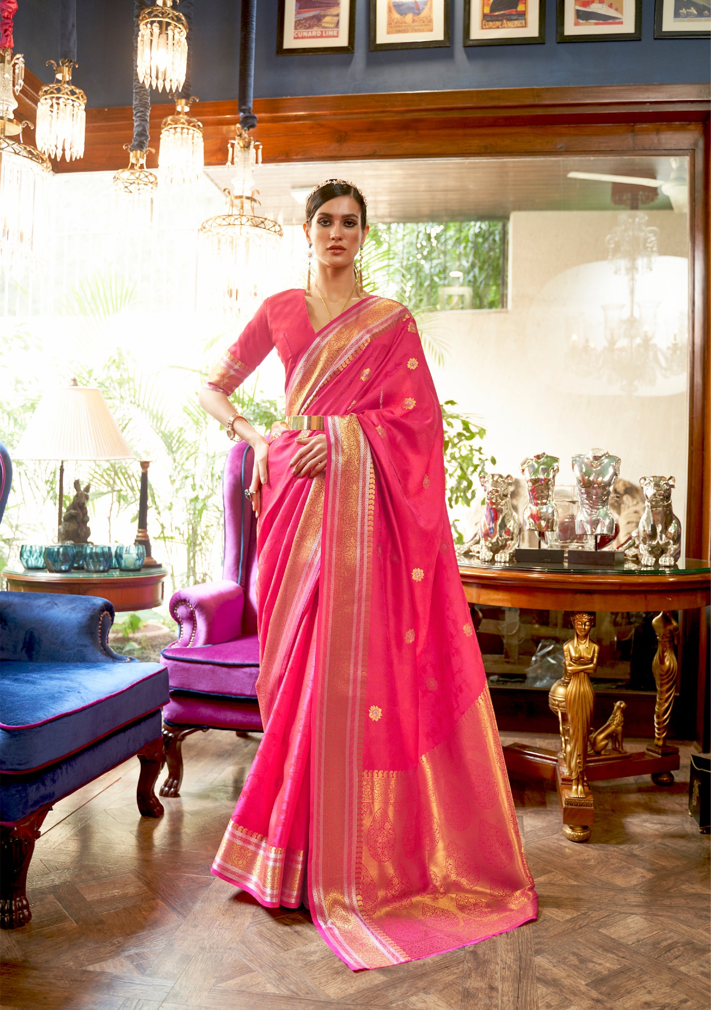 French Pink Soft Banarasi Silk Saree with Golden Zari Weaving