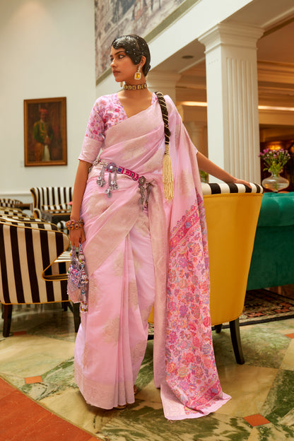 Soft Pink Chanderi Inspired Woven Saree with Kashmiri Pallu and Blouse