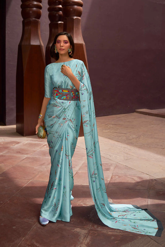 Pastel Blue Floral 3D Printed Pure Satin Silk Saree for Weddings