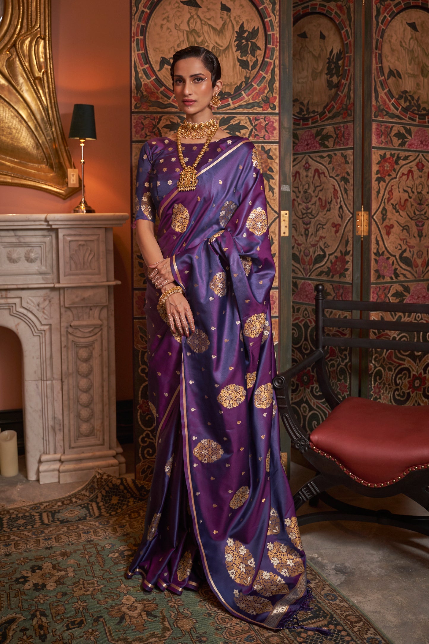 Royal Purple Pure Satin Weaving Silk Saree with Dual Zari Butti