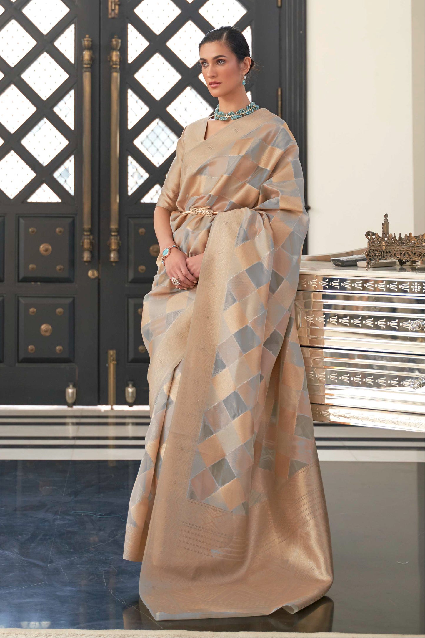 Grey Golden Soft Banarasi Organza Silk Saree with Blouse