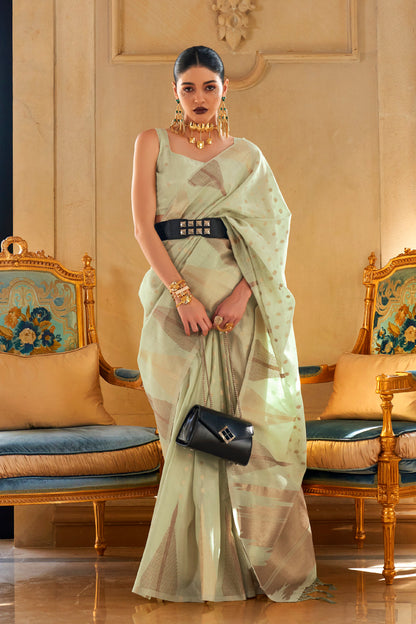 Seafoam Green Temple Bordered Designer Soft Tissue Saree for Weddings