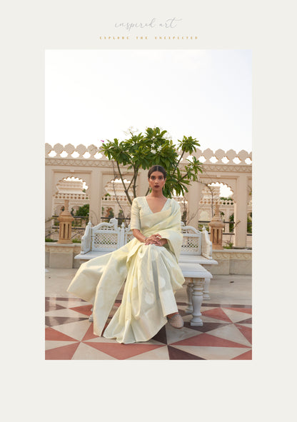 Light Yellow Creme Woven Linen Silk Saree Blouse with Banarasi Butti