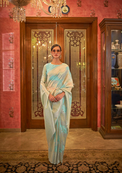 Light Cyan Soft Banarasi Zari Woven Designer Saree
