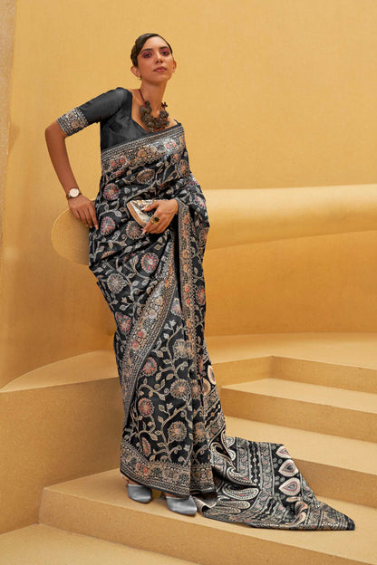 Charcoal Black Woven Chikankari Saree with Meenakari Zari Weaving