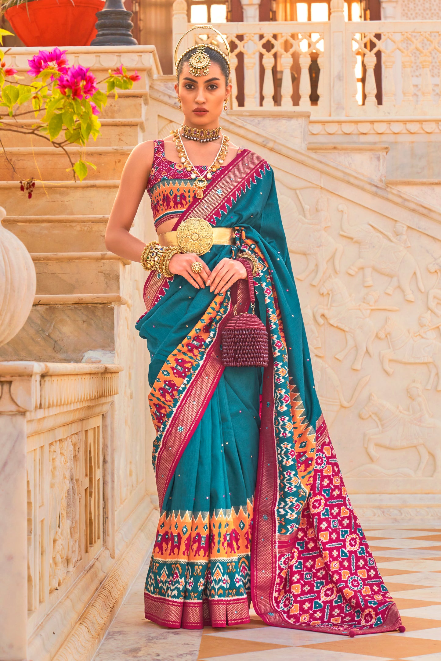 Turquoise & Yellow Patola Inspired Designer Embellished Bordered Saree