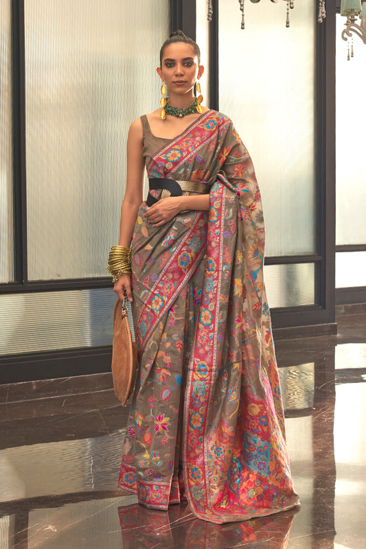 Tan Beige Floral Designer Woven Kashmiri Kani Saree for Weddings