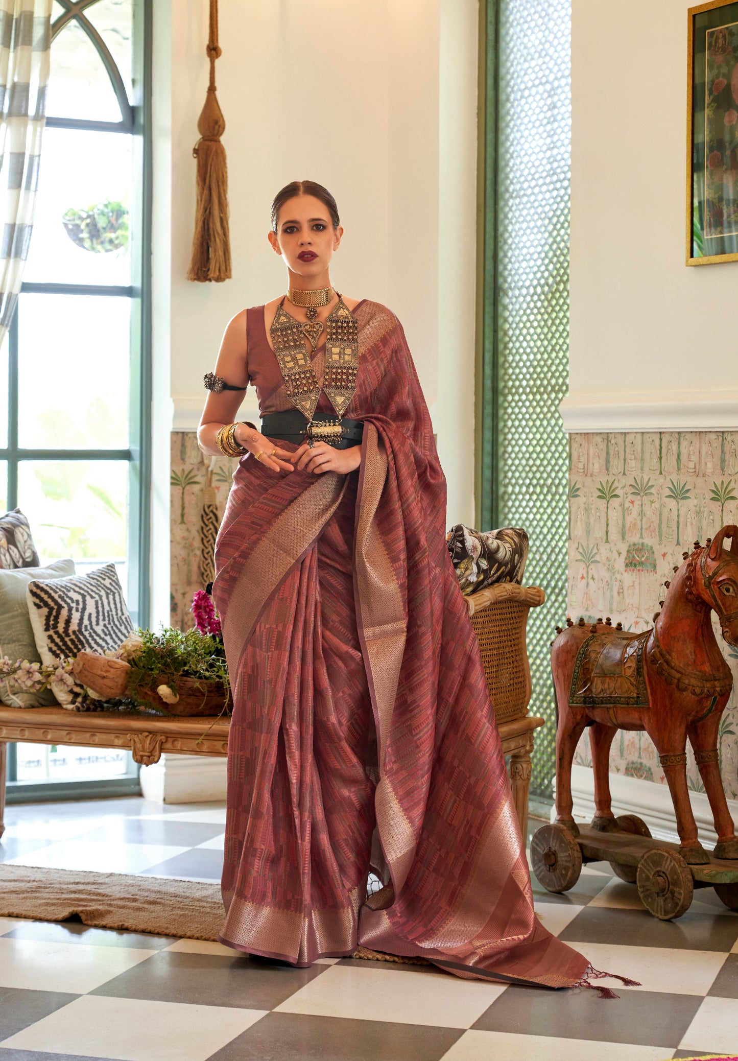 Pecan Brown Tussar Woven Designer Silk Saree for Weddings