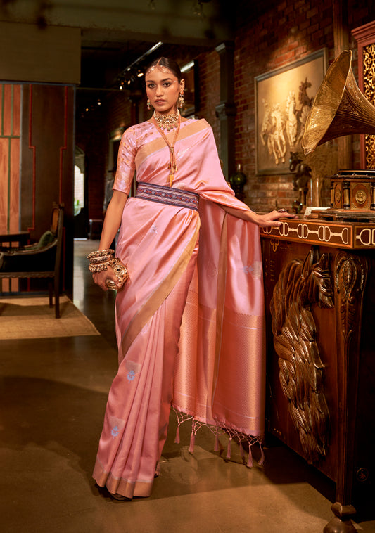 Rose Pink Designer Kanjivaram Saree With Copper Zari Pallu