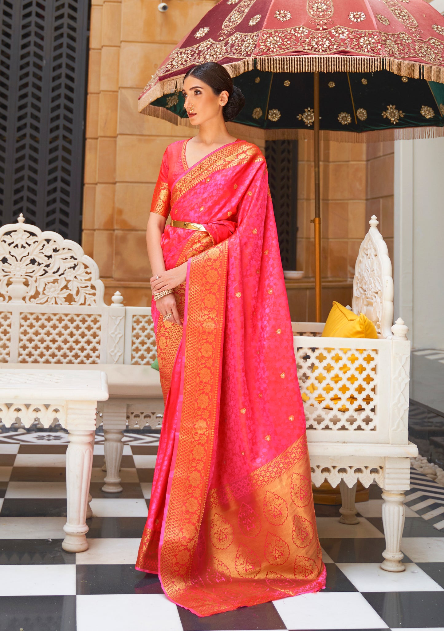 Candy Pink Soft Banarasi Silk Saree with Golden Zari Woven Border