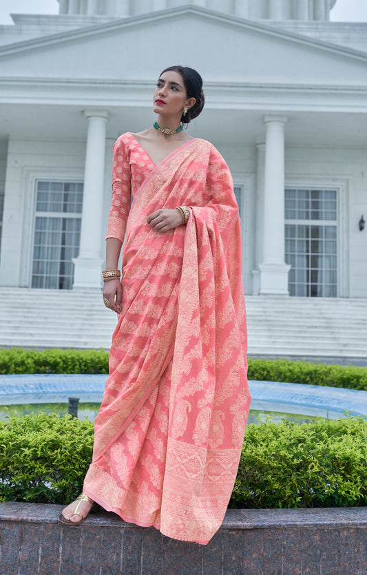 French Pink Woven Chikankari Saree with Intricate Design