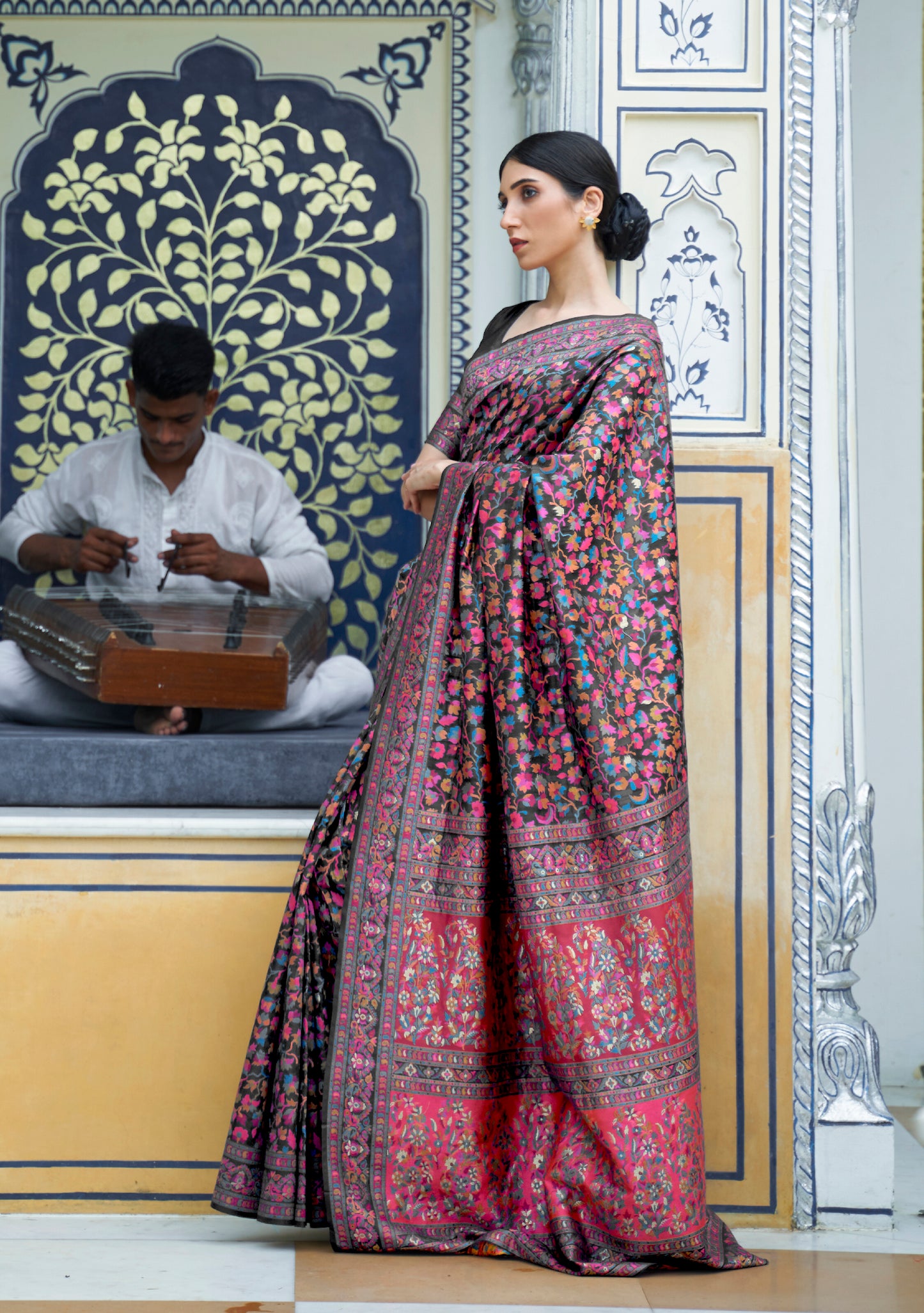 Jet Black Kashmiri Handloom Modal Silk Woven Kani Saree for Weddings