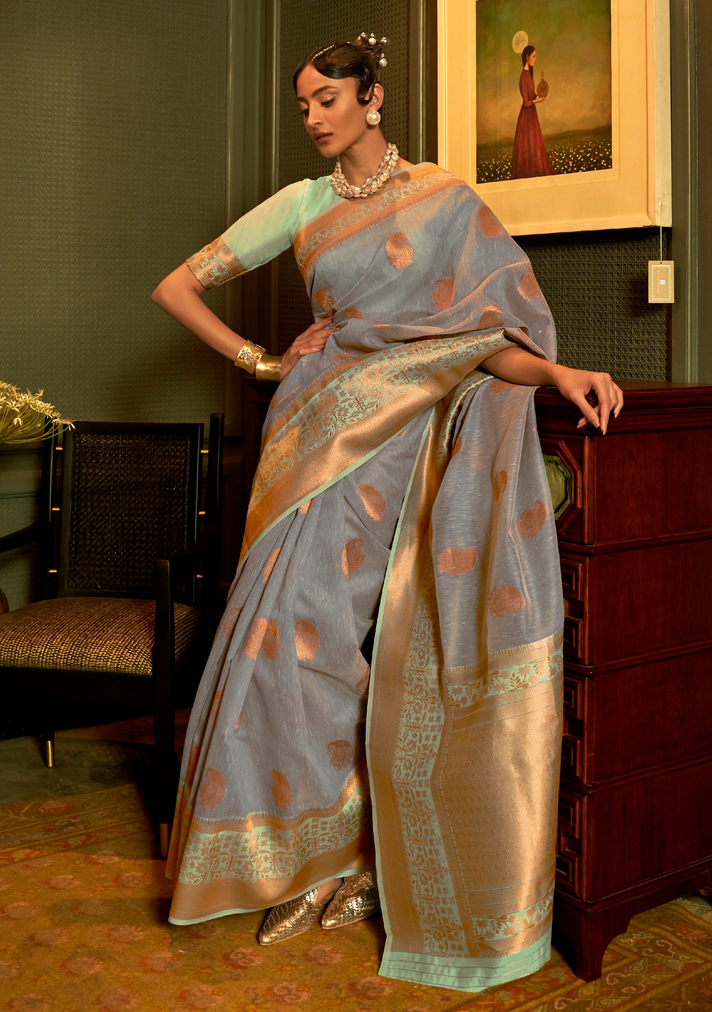 Light Grey & Mint Woven Banarasi Linen Silk Saree