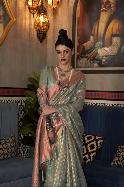 Greenish Grey Zari Woven Soft Banarasi Organza Saree